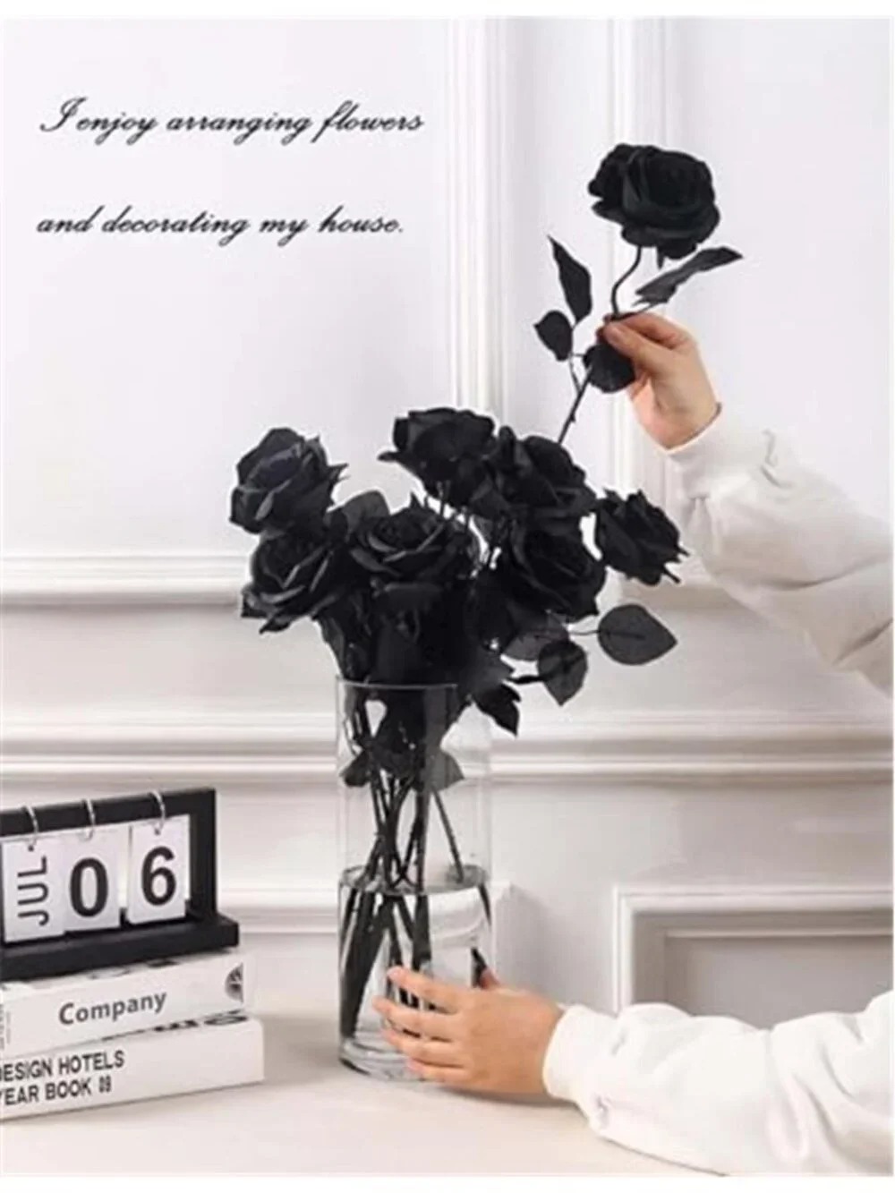 Halloween Black Roses Artificial Flowers, 12 PCS Fake Silk Flower Long Stem